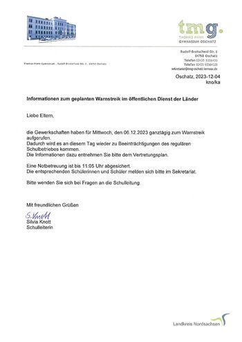 Informationen zum Warnstreik am 06.12.2023